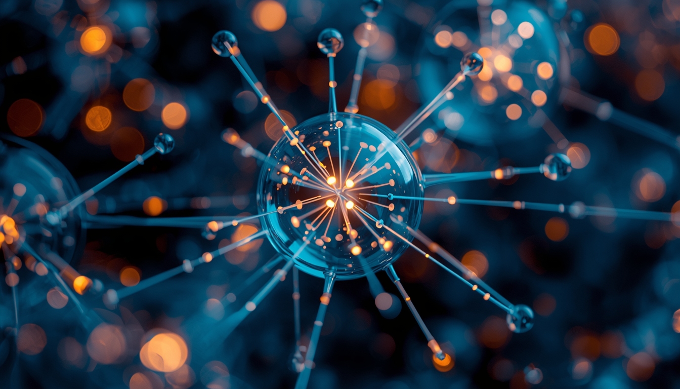 ficticious photorealistic image with a glassy sphere connected to smaller spheres around it