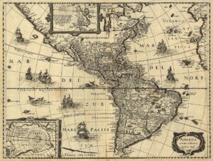 A 17th-century map of the Americas newly delineated by Jodocus Hondius; engraved by H. Picard.