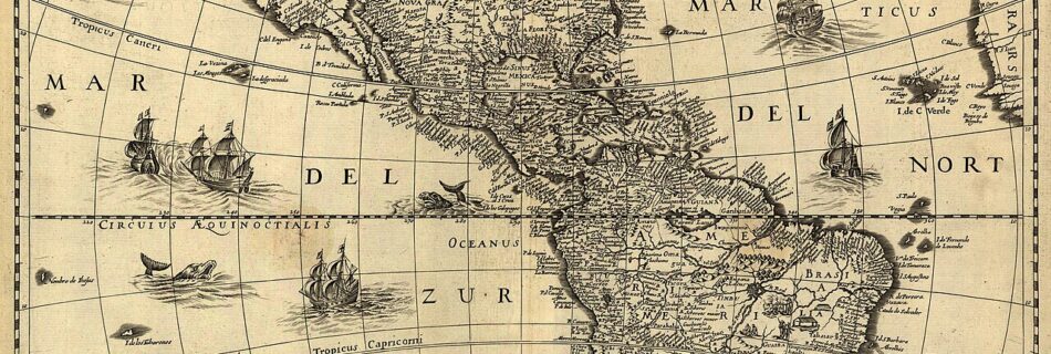 A 17th-century map of the Americas newly delineated by Jodocus Hondius; engraved by H. Picard.