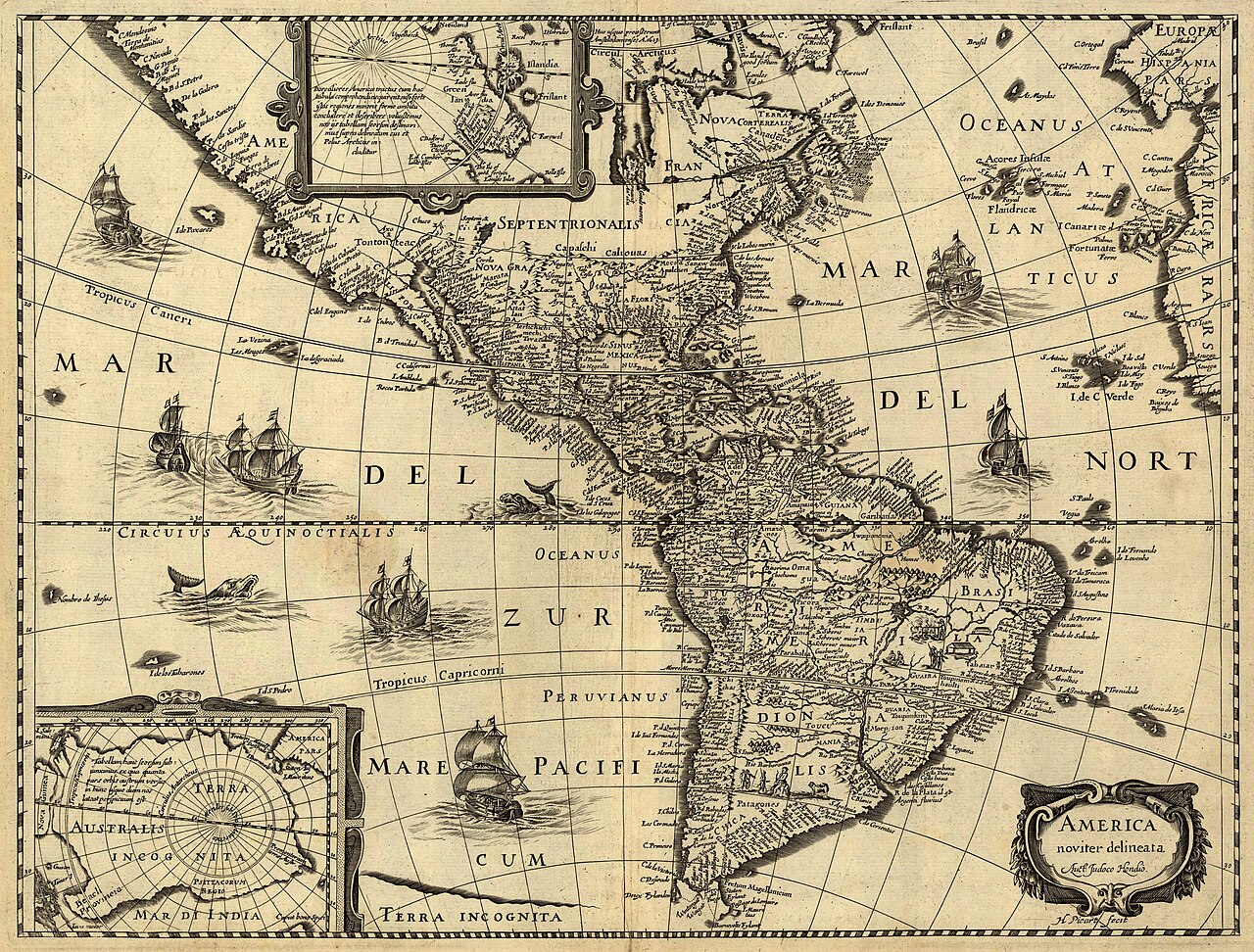 A 17th-century map of the Americas newly delineated by Jodocus Hondius; engraved by H. Picard.
